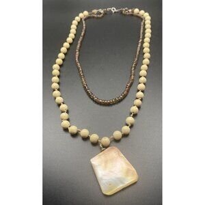 Vintage Layered Necklace Mother of Pearl Pendant Facet Quartz Bead 16" 11" Drop
